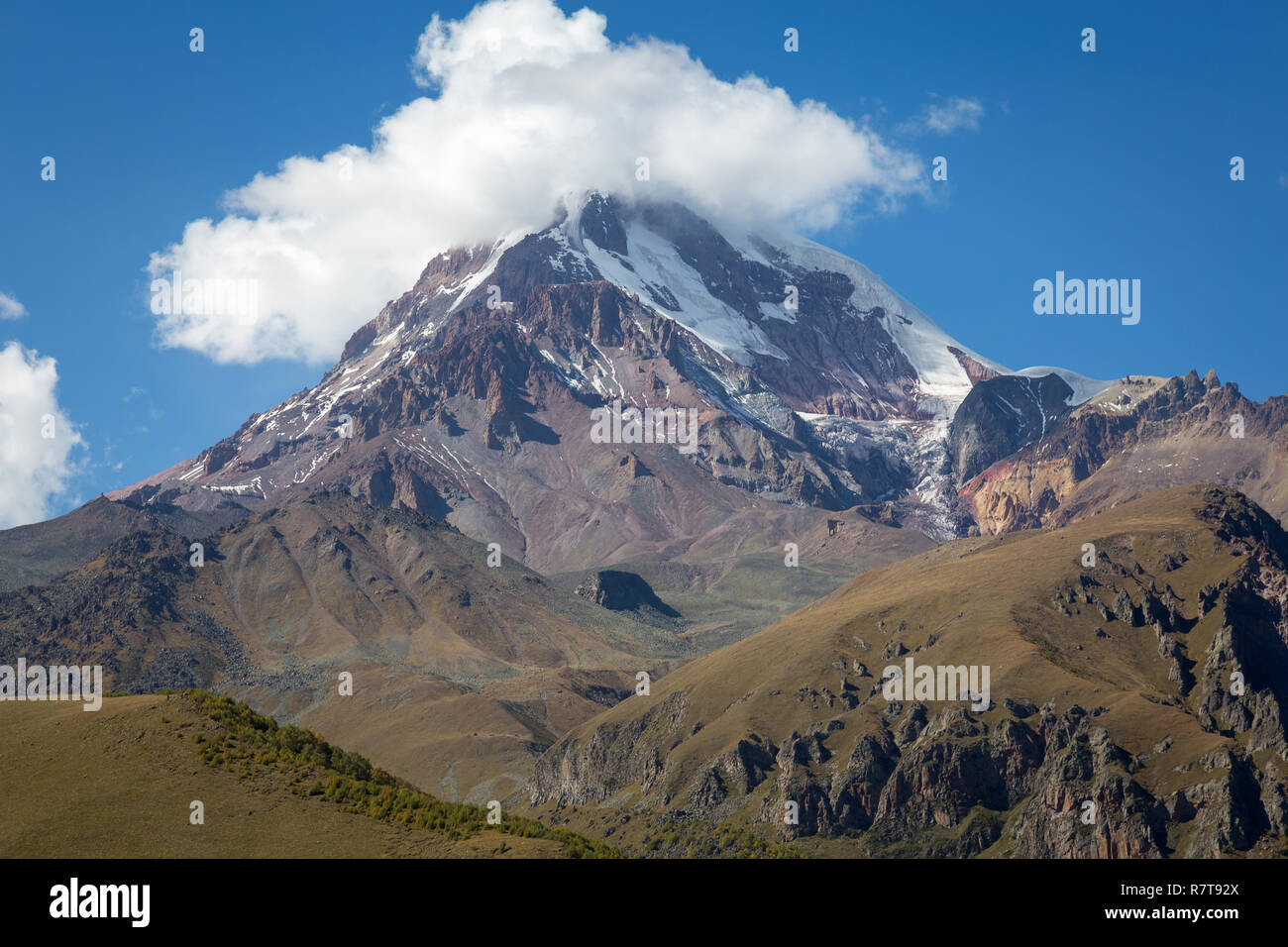 Mount Kazbek view from Stepantsminda in Georgia Stock Photo