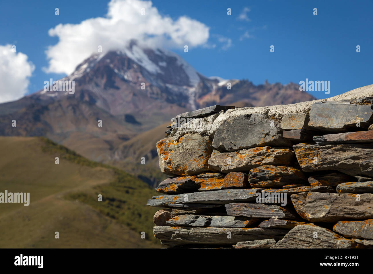 Mount Kazbek view from Stepantsminda in Georgia Stock Photo