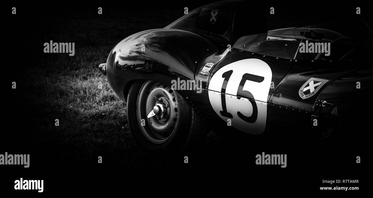 The back of a classic Jaguar E-Type Le Mans racing car. Stock Photo