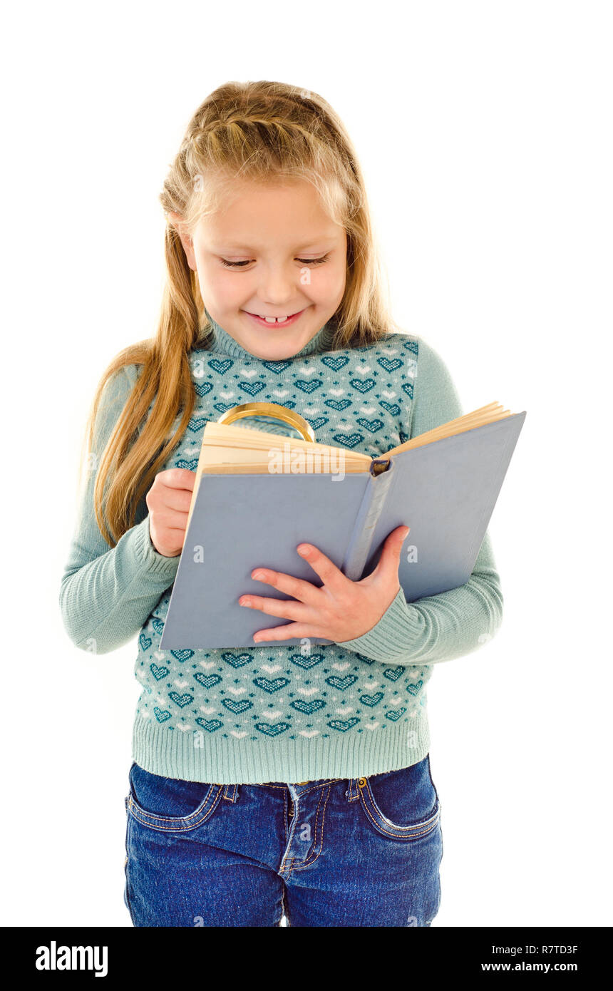 little girl reading book isolated on a white background Stock Photo - Alamy
