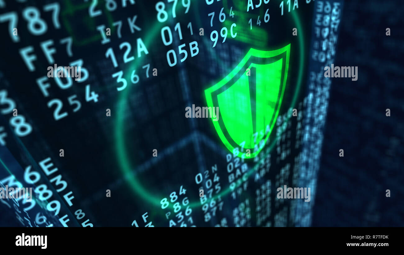 Cyber security 3D illustration. Shield symbol with digital block in background. Concept of data protection, firewall and computer safety. Stock Photo