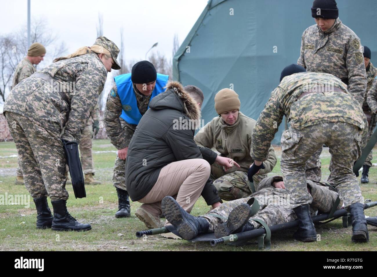 A U.S. Army Soldier with 31st Combat Support Hospital shows a Kazakhstani medic with the Kazakhstan Peacekeeping Battalion how to properly secure a patient in a litter during Steppe Eagle Koktem, Apr. 3, 2017 at Illisky Training Center, Kazakhstan. Stock Photo