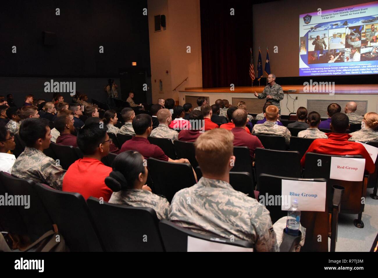 Maj. Gen. Bob LaBrutta, 2nd Air Force commander, welcomes Air Force ROTC cadets here during Pathways to Blue at the Welch Theater April 7, 2017, on Keesler Air Force Base, Miss. Pathways to Blue, a diversity outreach event hosted by 2nd Air Force, provided 178 cadets from seven detachments a chance to interact with officers from 36 different specialties from across the Air Force. Stock Photo