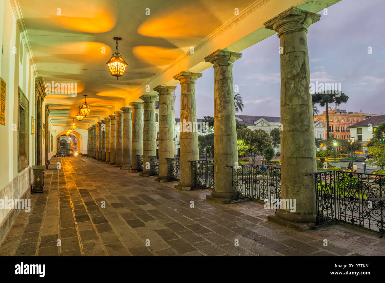 Independence Square, Plaza de la Independencia, from the Presidential Palace, at dusk, Quito, Pichincha Province, Ecuador Stock Photo