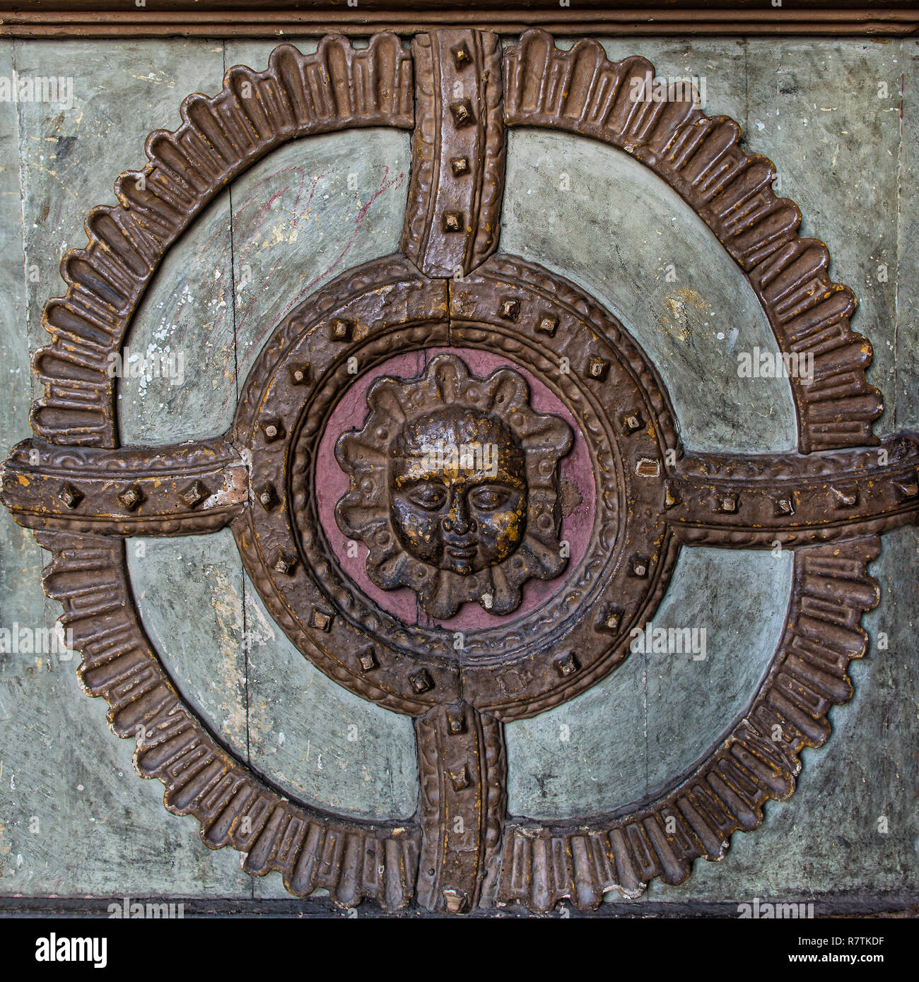 Front door, detail representing an indigenous face, San Francisco Church and Convent, Quito, Pichincha Province, Ecuador Stock Photo