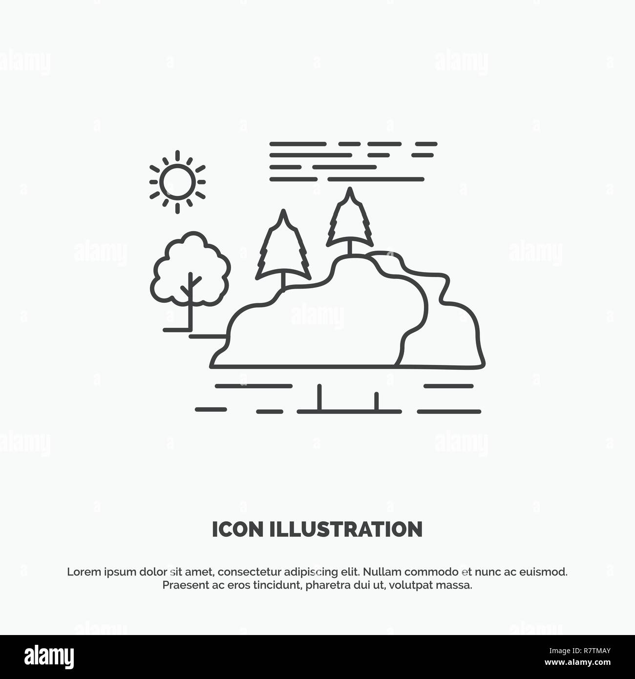 hill, landscape, nature, mountain, rain Icon. Line vector gray symbol for UI and UX, website or mobile application Stock Vector
