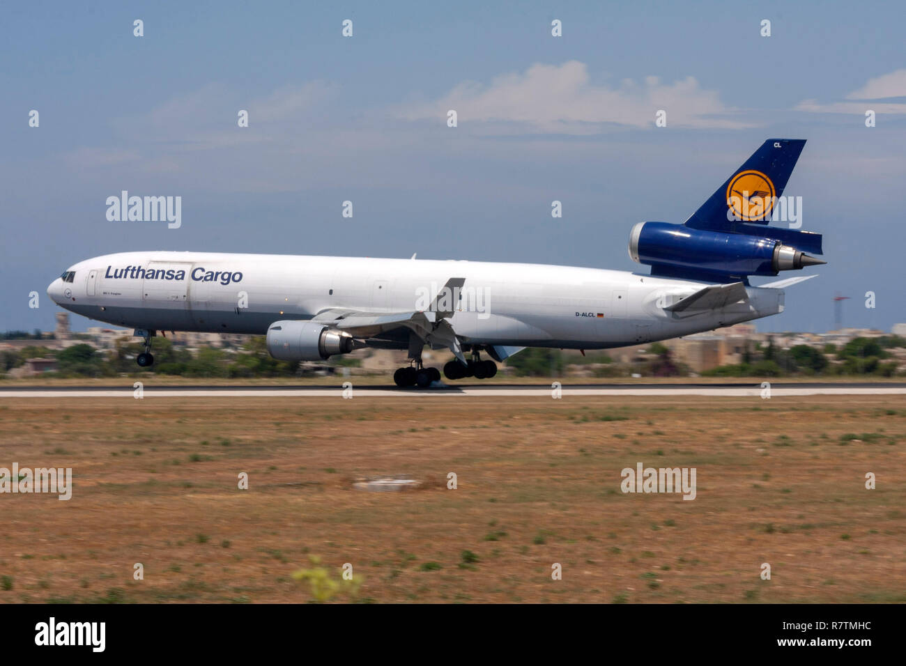 Lufthansa Cargo McDonnell Douglas MD-11F on finals for runway 32. Stock Photo