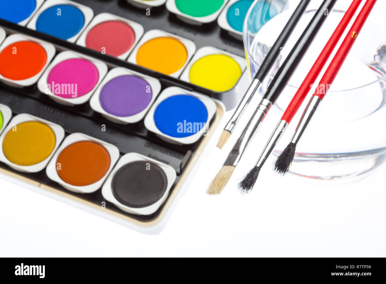 https://c8.alamy.com/comp/R7TP36/water-colours-paint-box-with-various-colours-and-brushes-R7TP36.jpg