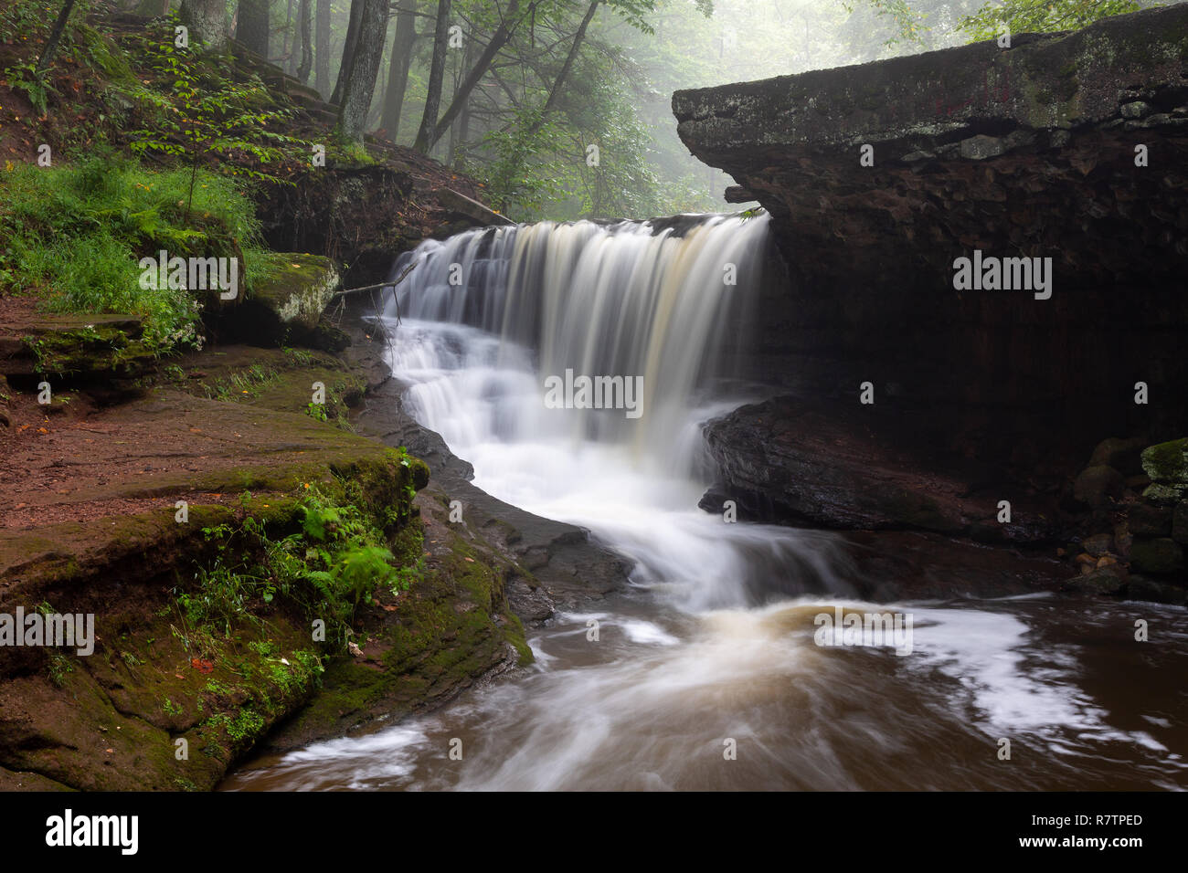 Old ruins creating a dramatic waterfall below a lifting fog from Crum Creek. Kennedy Dells County Park, New York Stock Photo