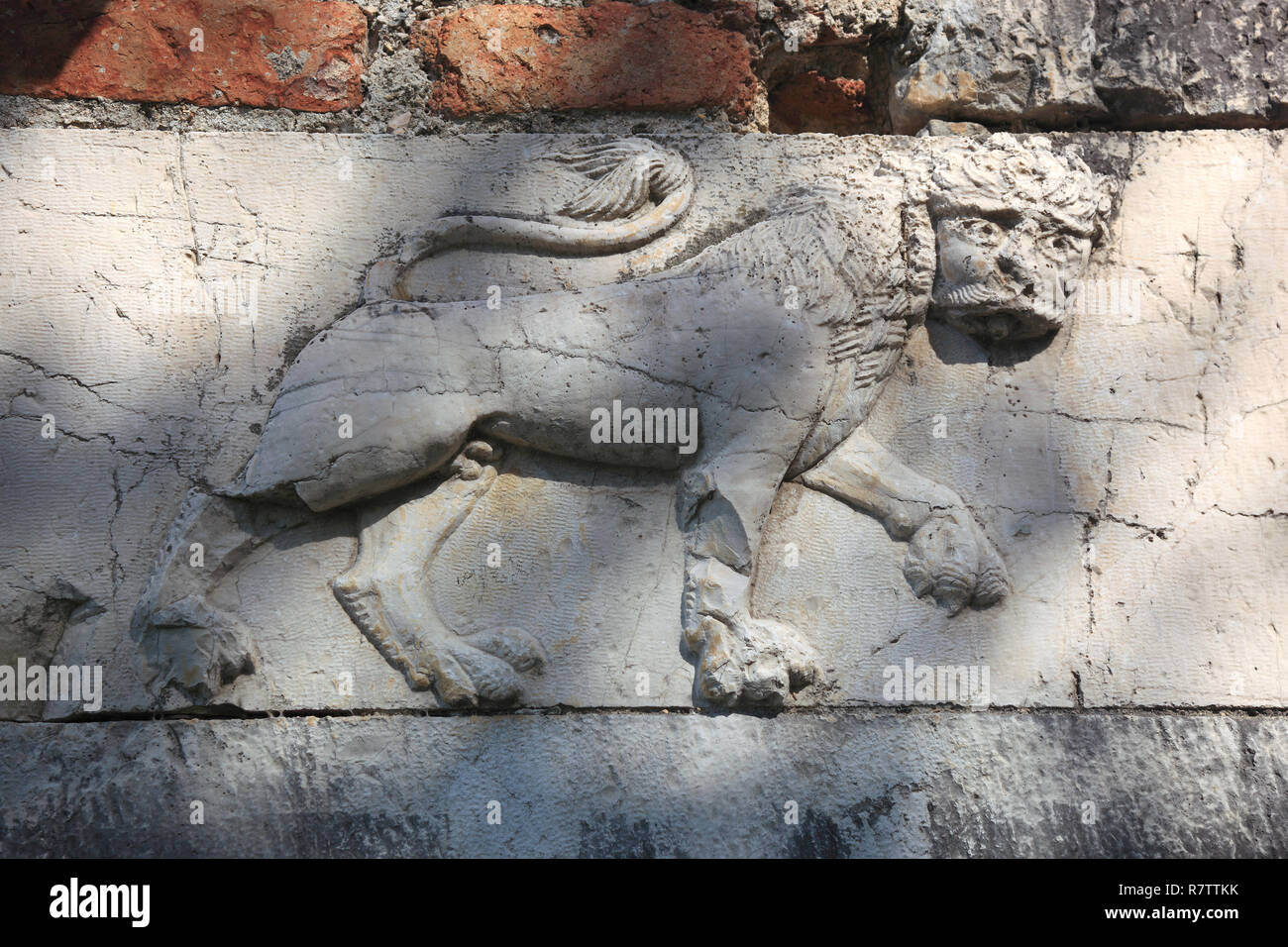 Venetian stone relief on the outer wall of St. Nicholas Church, Byzantine monastery church, Mesopotam, Albania Stock Photo