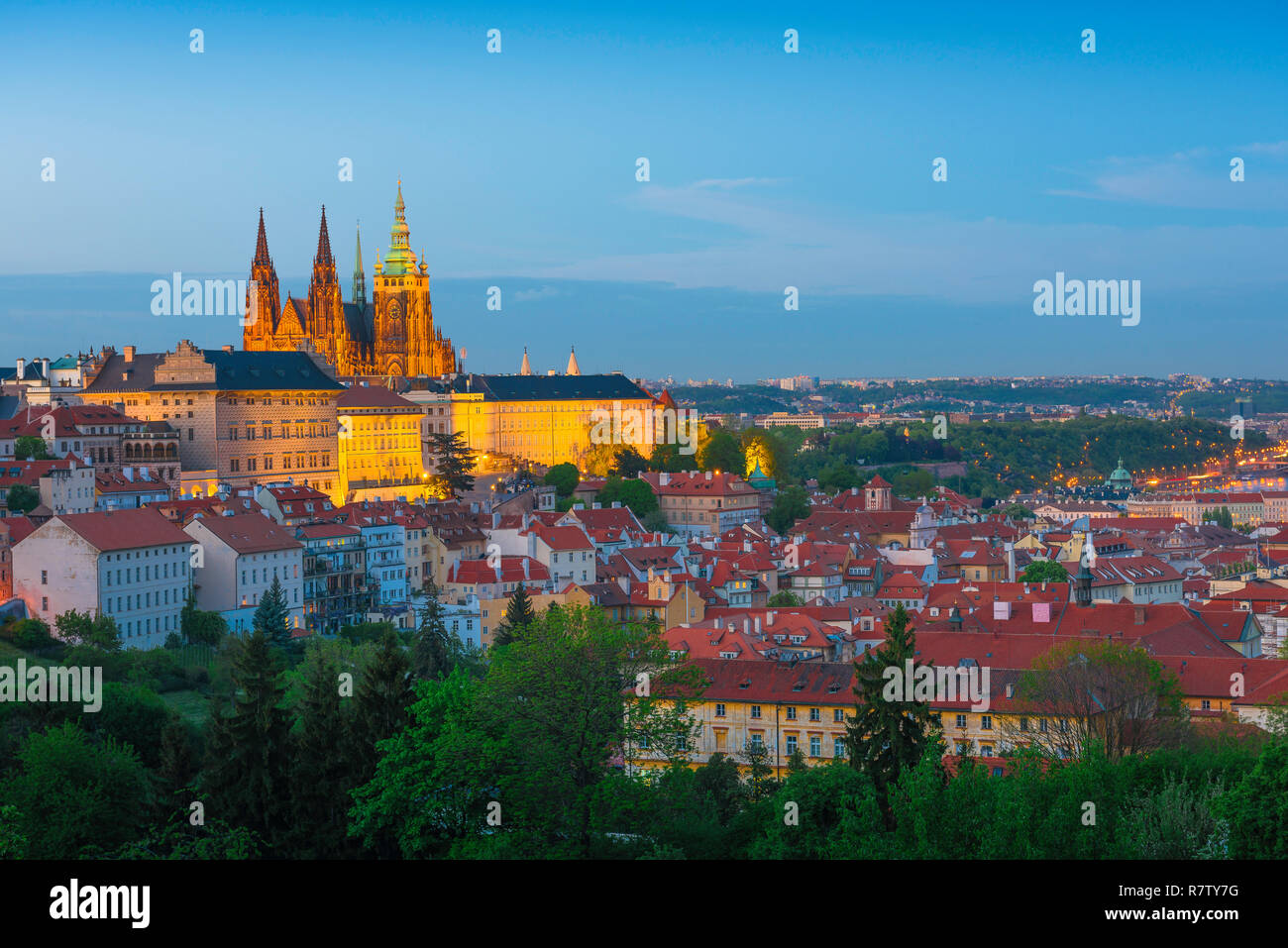 Prague Castle night, early evening view of the illuminated Hradcany Castle district in Prague, Czech Republic. Stock Photo