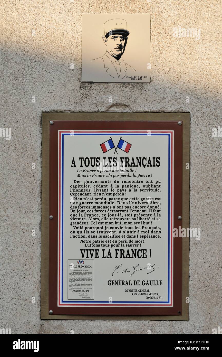 France, Meurthe and Moselle, Toul, plaque commemorating the appeal of June 18, 1940 by General De Gaulle (affixed to the Hôtel de Matignon Stock Photo - Alamy
