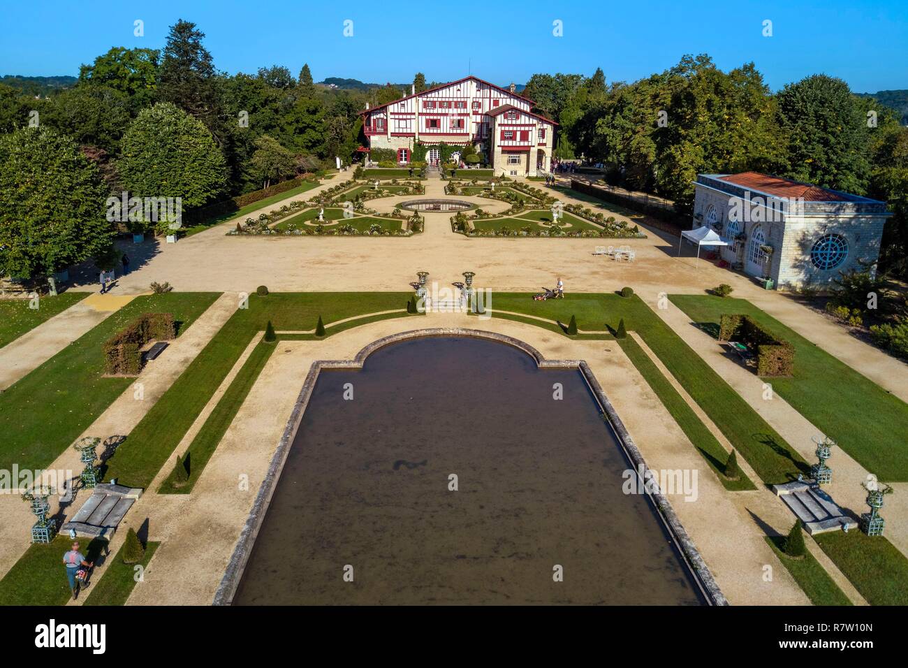 France, Pyrenees Atlantiques, Basque Country, Cambo les Bains, the Villa Arnaga and its French-style garden, the French author Edmond Rostand's house of neo-basque style and museum (aerial view) Stock Photo