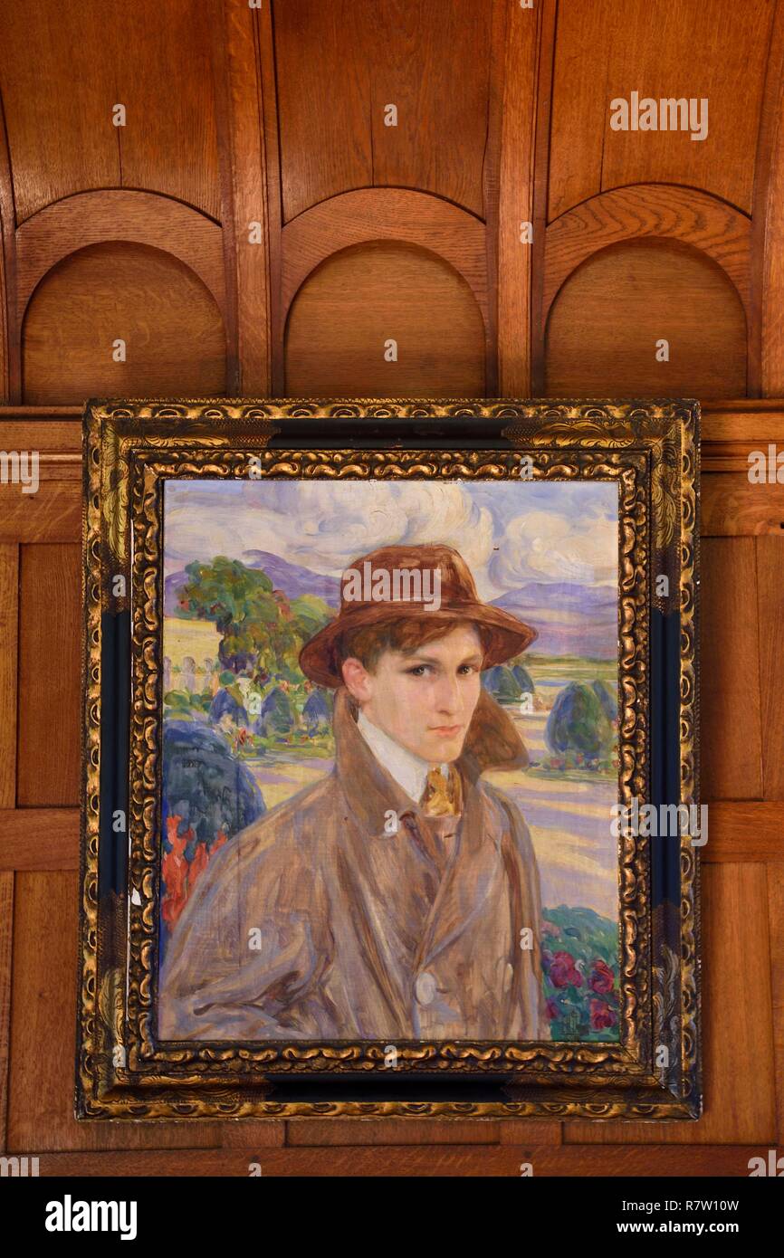 France, Pyrenees Atlantiques, Basque Country, Cambo les Bains, Villa Arnaga, the French author Edmond Rostand's house and museum, the Great Hall, portrait of Maurice Rostand by Clementine Helene Dufau Stock Photo