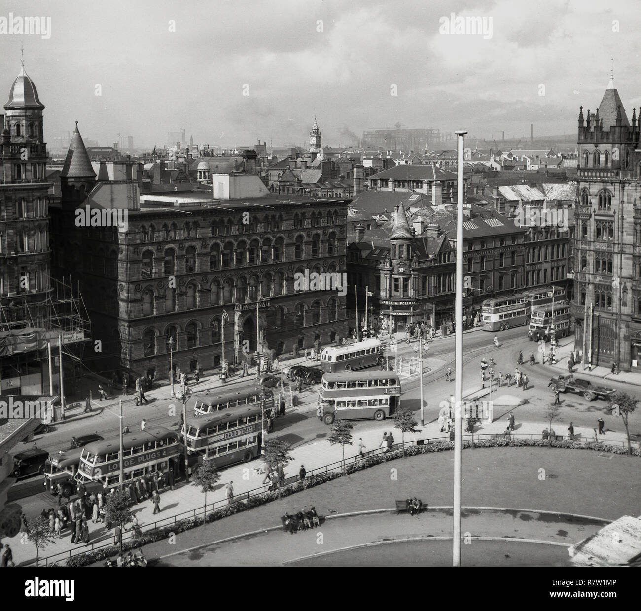 1950s, historical, overhead view of Belfast city centre, Northern Ireland showing the large victorian buildings and public transport. Stock Photo