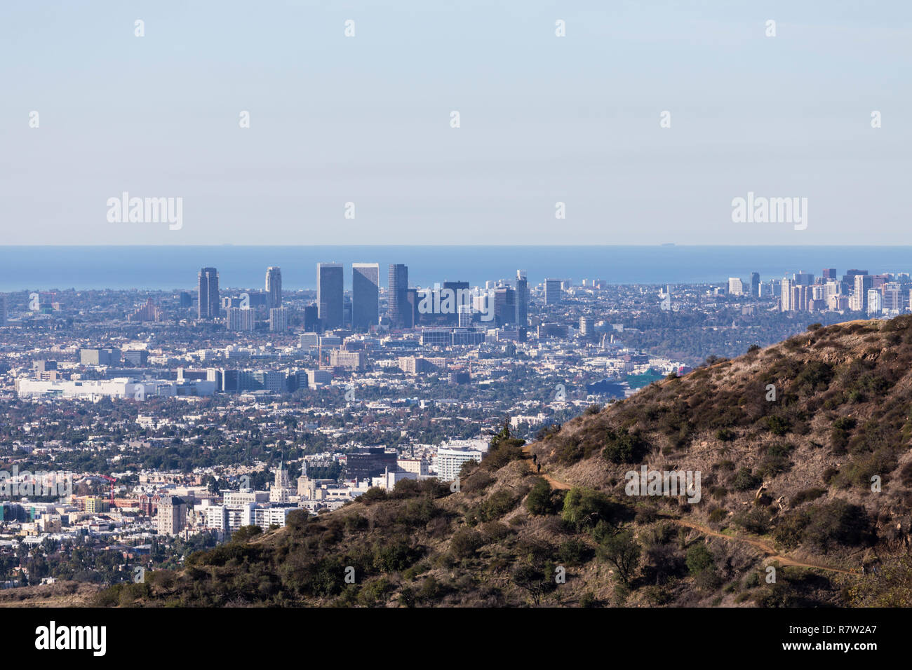 Morning view of Griffith Park trails, Century City, Beverly Hills and the Pacific Ocean in Los Angeles, California. Stock Photo