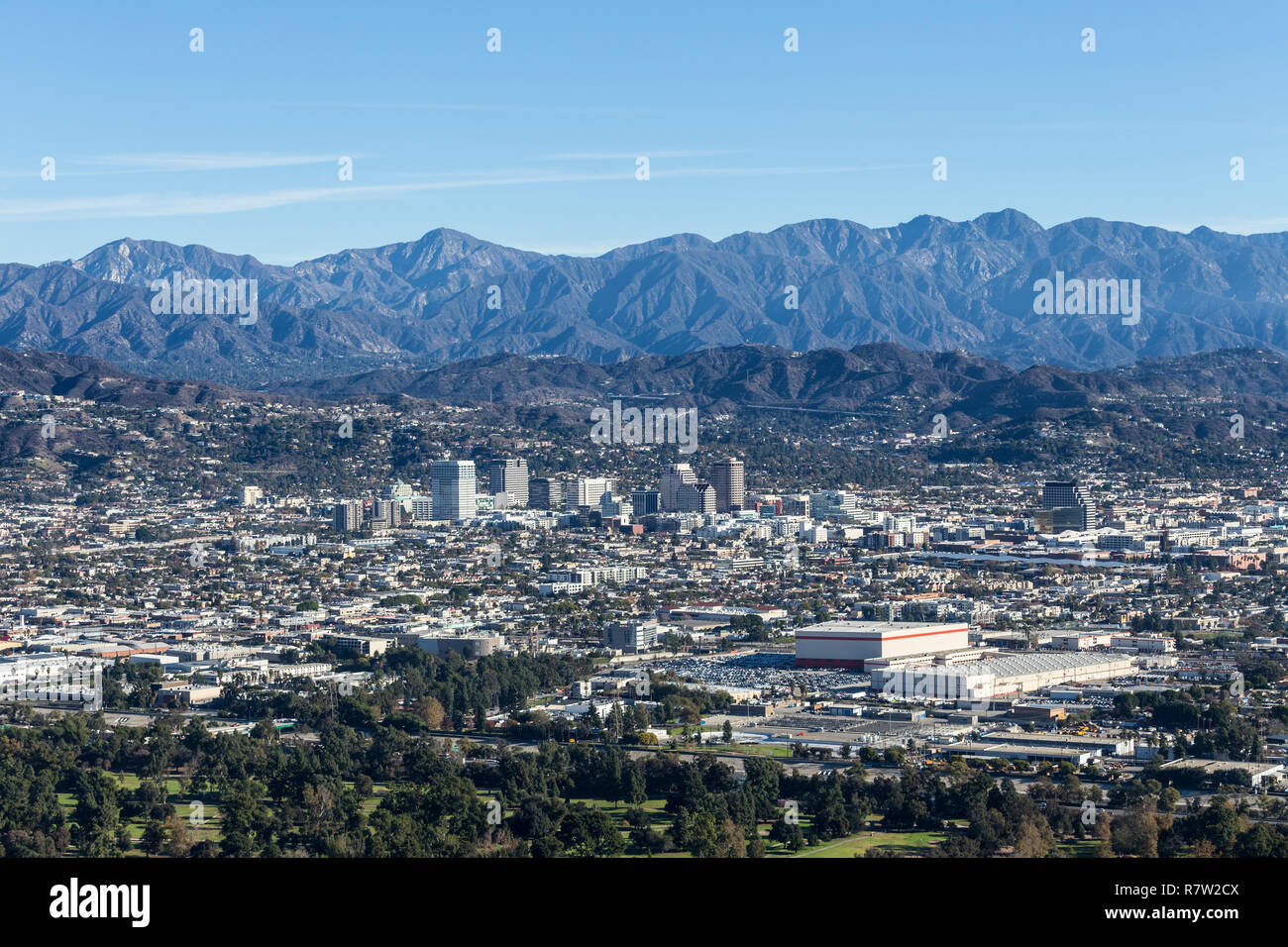 Downtown Glendale and the San Gabriel Mountains in Los Angeles County, California. Stock Photo