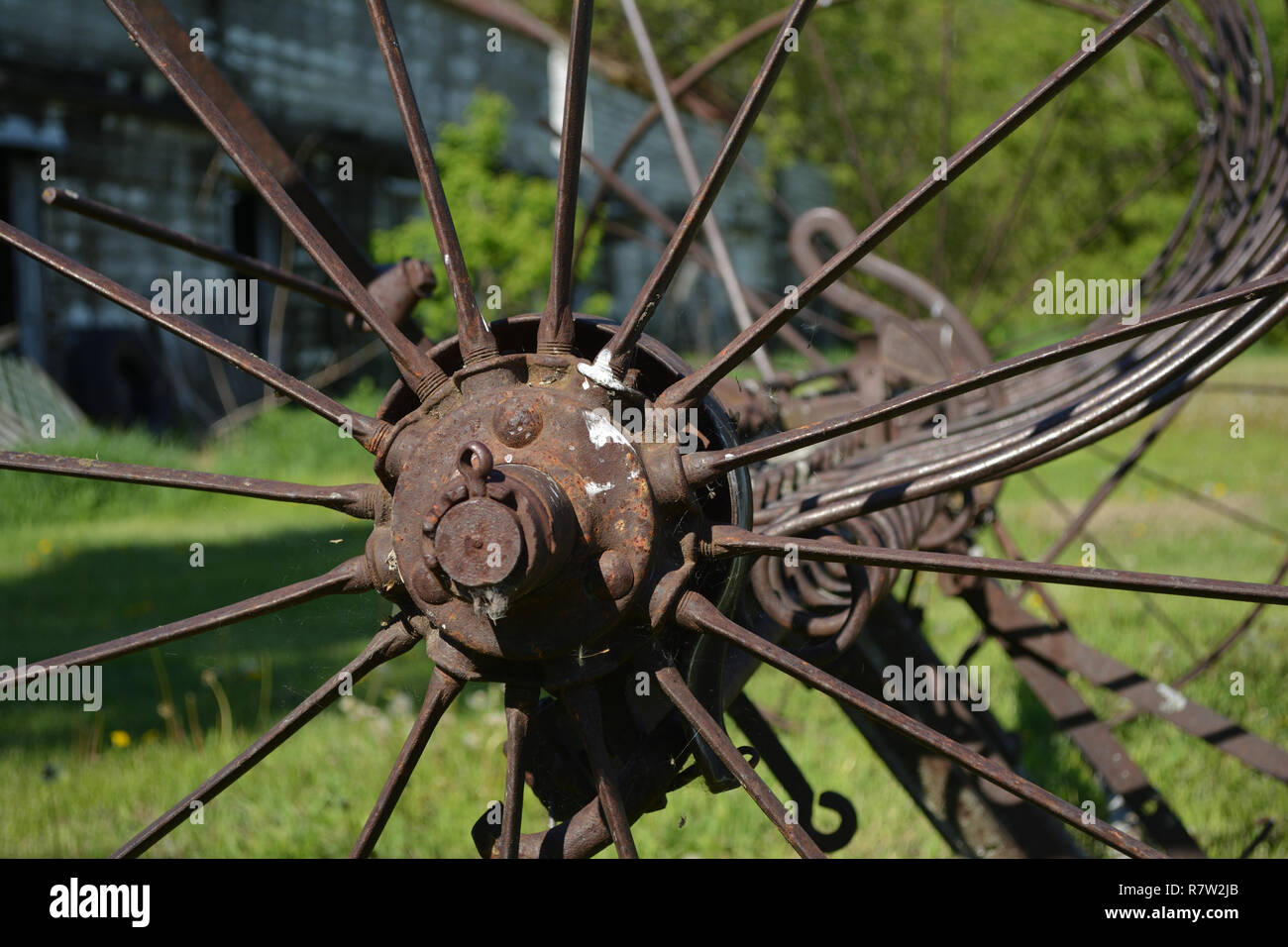 Vintage hay rake on North Dakota farm Stock Photo