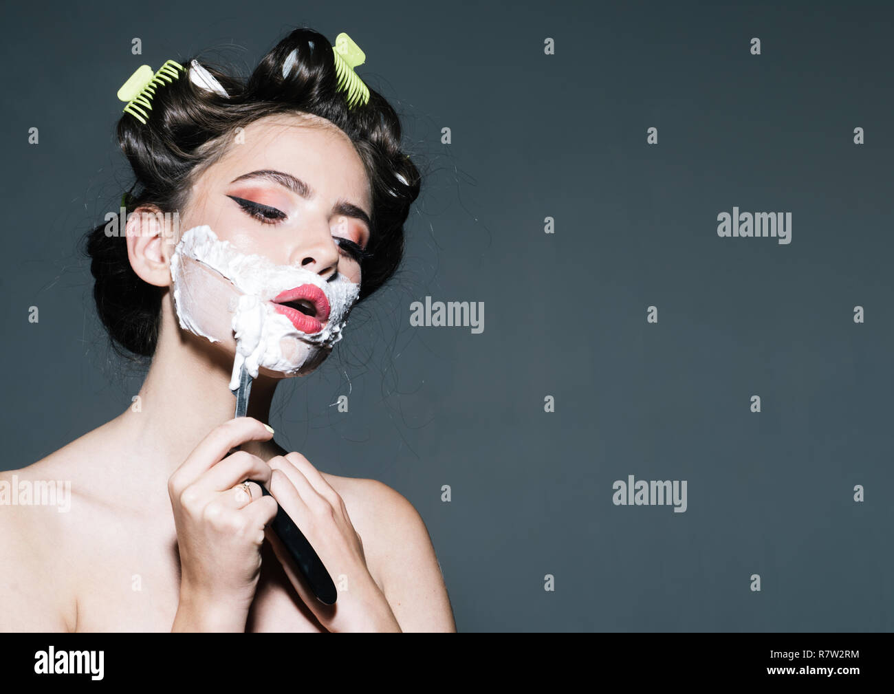 Morning Grooming And Skincare Pin Up Woman With Trendy Makeup
