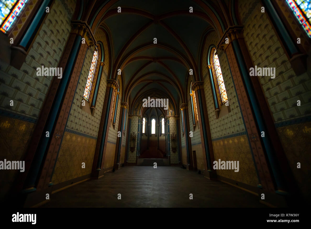 Prague, Czech Republic - 5.12.2018: Interior of main hall in protestant church Sacre Coeur in Prague, Czech Republic Stock Photo