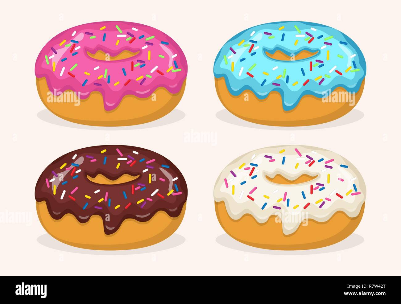 Donuts with different color frosting, set. Side view donuts in glaze