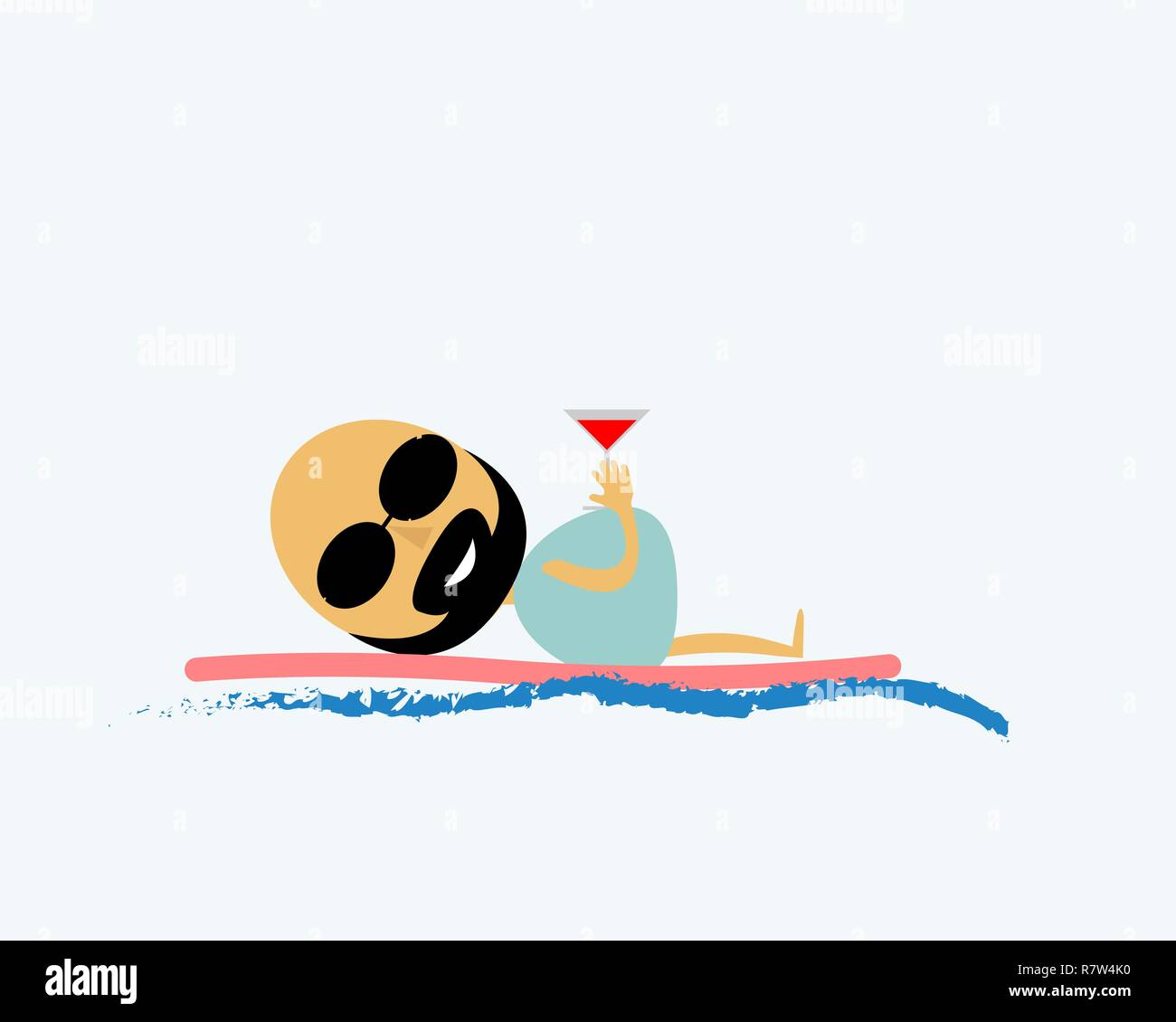 A man swims on an inflatable mattress with a glass in his hand. Vector illustration. Stock Vector