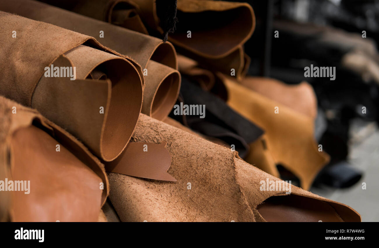 Different pieces of leather in a rolls. The pieces of the colored