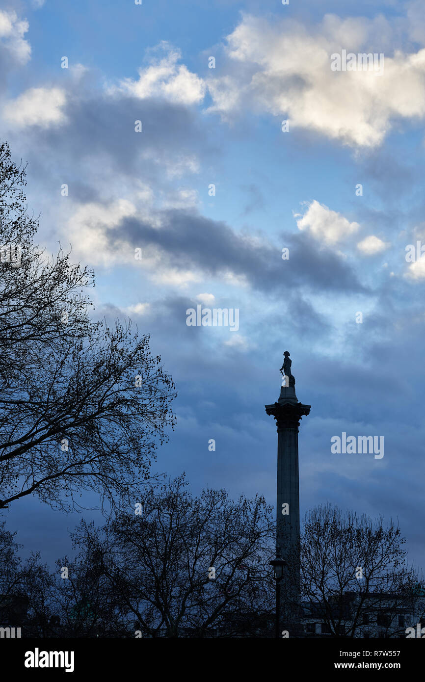 Nelson's column in Trafalgar Square, London, England, at nightime. Stock Photo