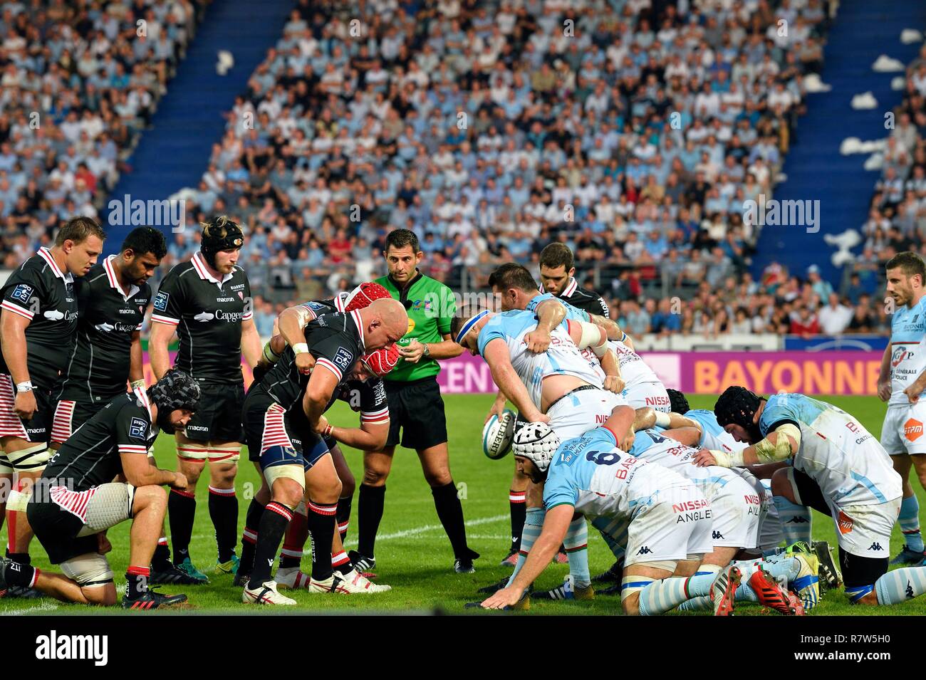 France, Pyrenees Atlantiques, Basque Country, Bayonne, Jean-Dauger stadium,  rugby Basque derby between Aviron Bayonnais (in blue) and Biarritz Olympique  (here in black Stock Photo - Alamy