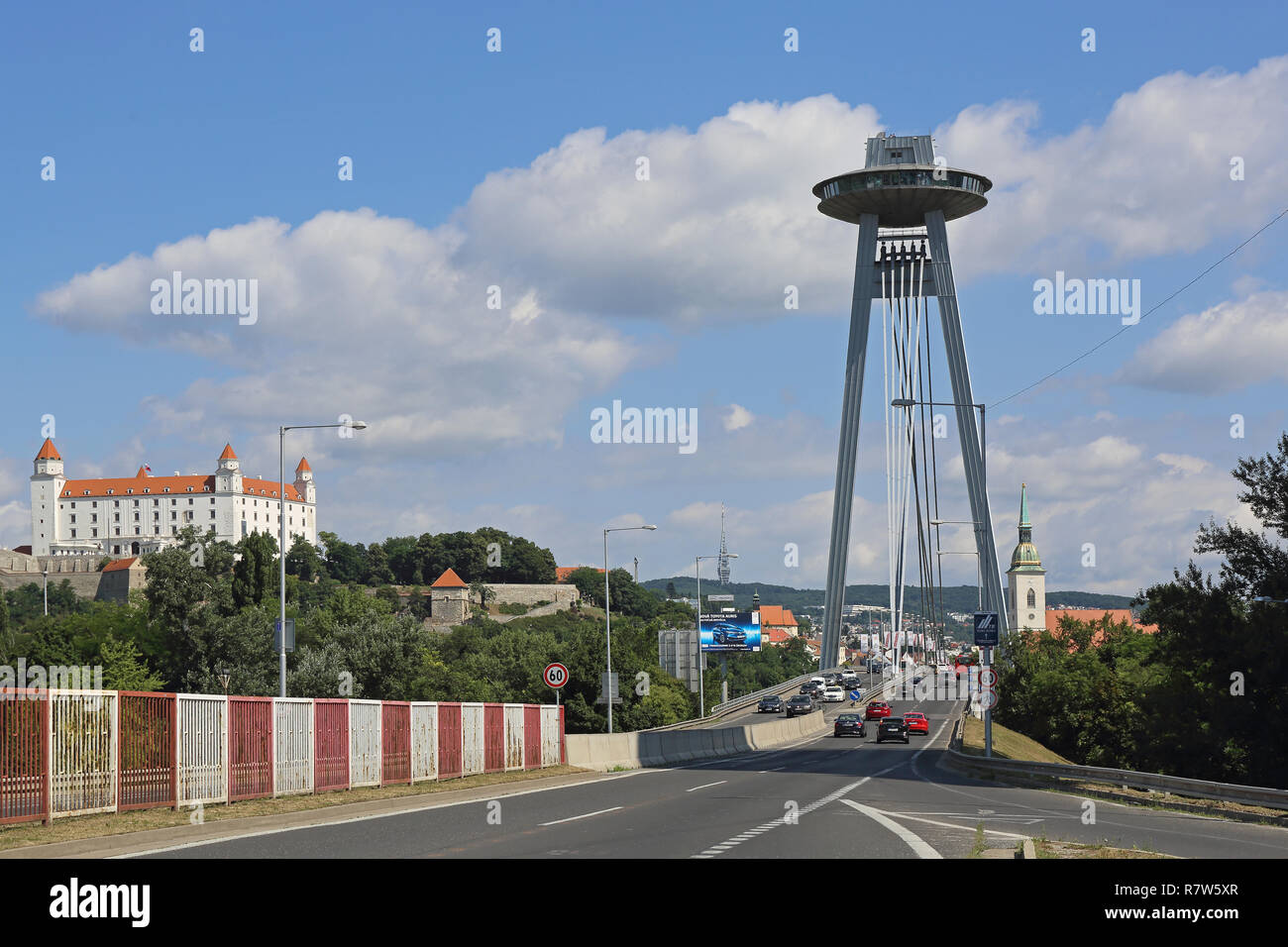Bratislava, Slovakia - July 10, 2015: Famous SNP Bridge With UFO Restaurant on Top of Pylon in Bratislava, Slovakia. Stock Photo