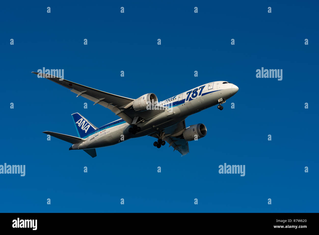 TOKYO, JAPAN - OCT. 7, 2018: ANA Boeing 787-8 landing to the Haneda International Airport in Tokyo, Japan. Stock Photo