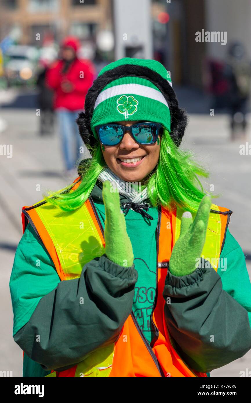 Canada, Province of Quebec, Montreal, St. Patrick's Day and St. Patrick's Day parade in the streets of the city Stock Photo