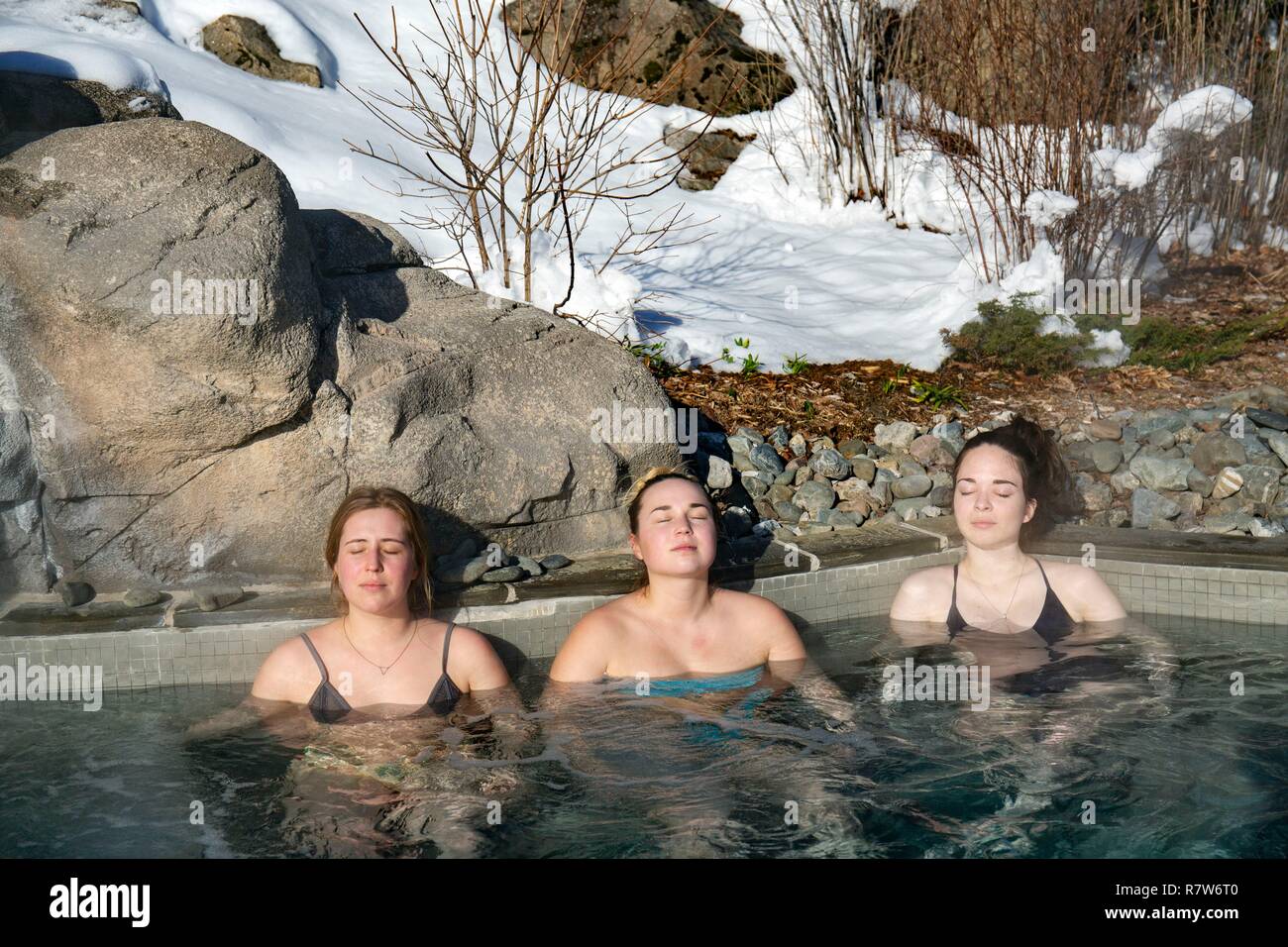 Canada, Province of Quebec, Eastern Townships Region or Estrie, Bromont, Balnea Spa, Outdoor Baths Stock Photo