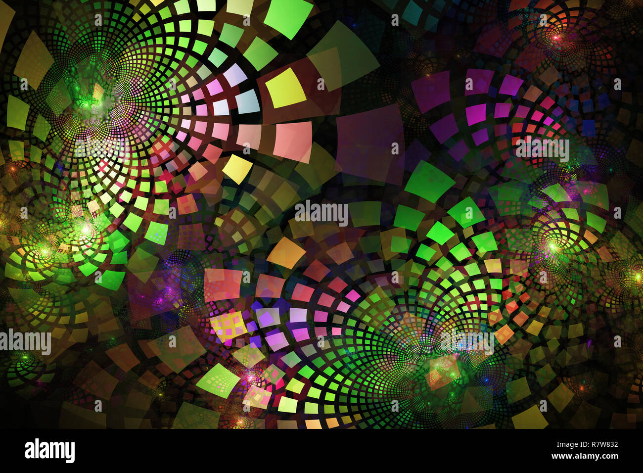Fractal tiles in neon colors curving out in groups and layers, on dark background Stock Photo