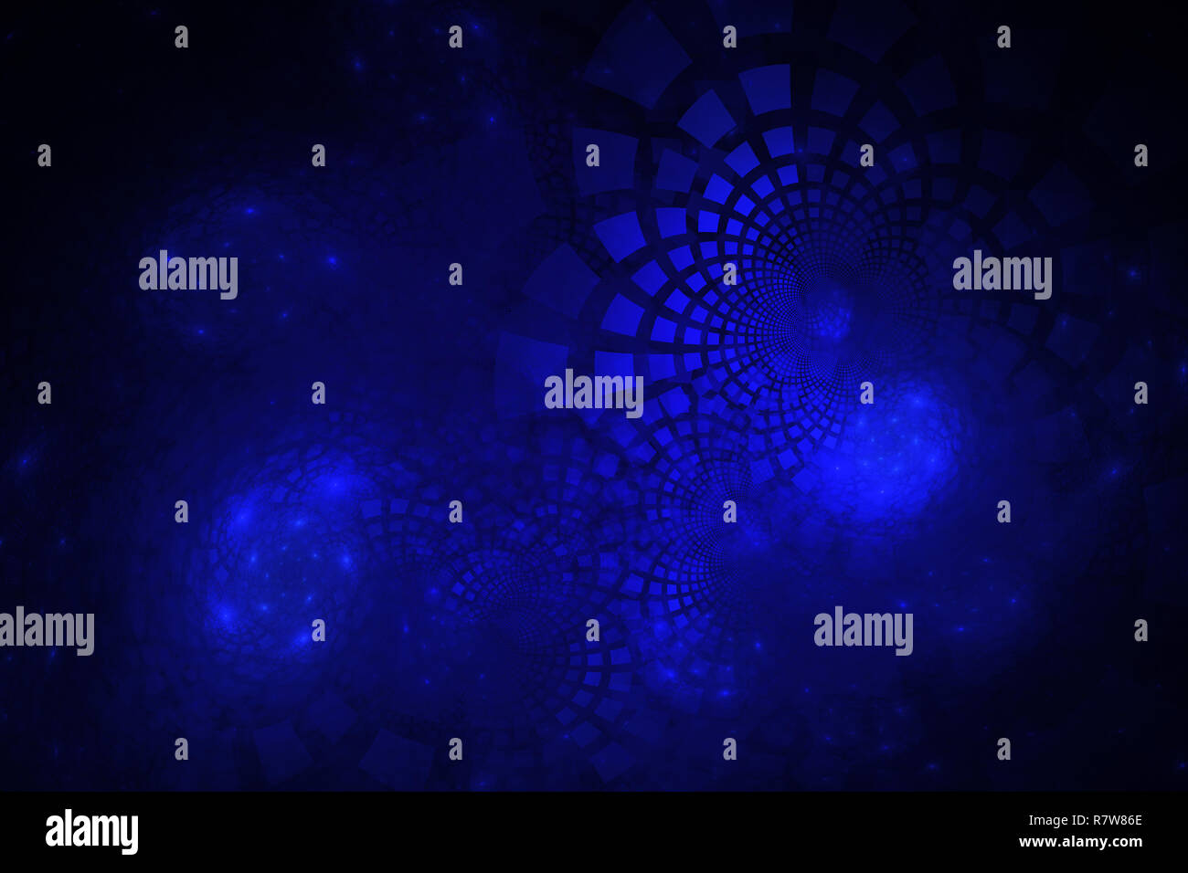Fractal with electric blue tiles curving out in groups; on dark background Stock Photo