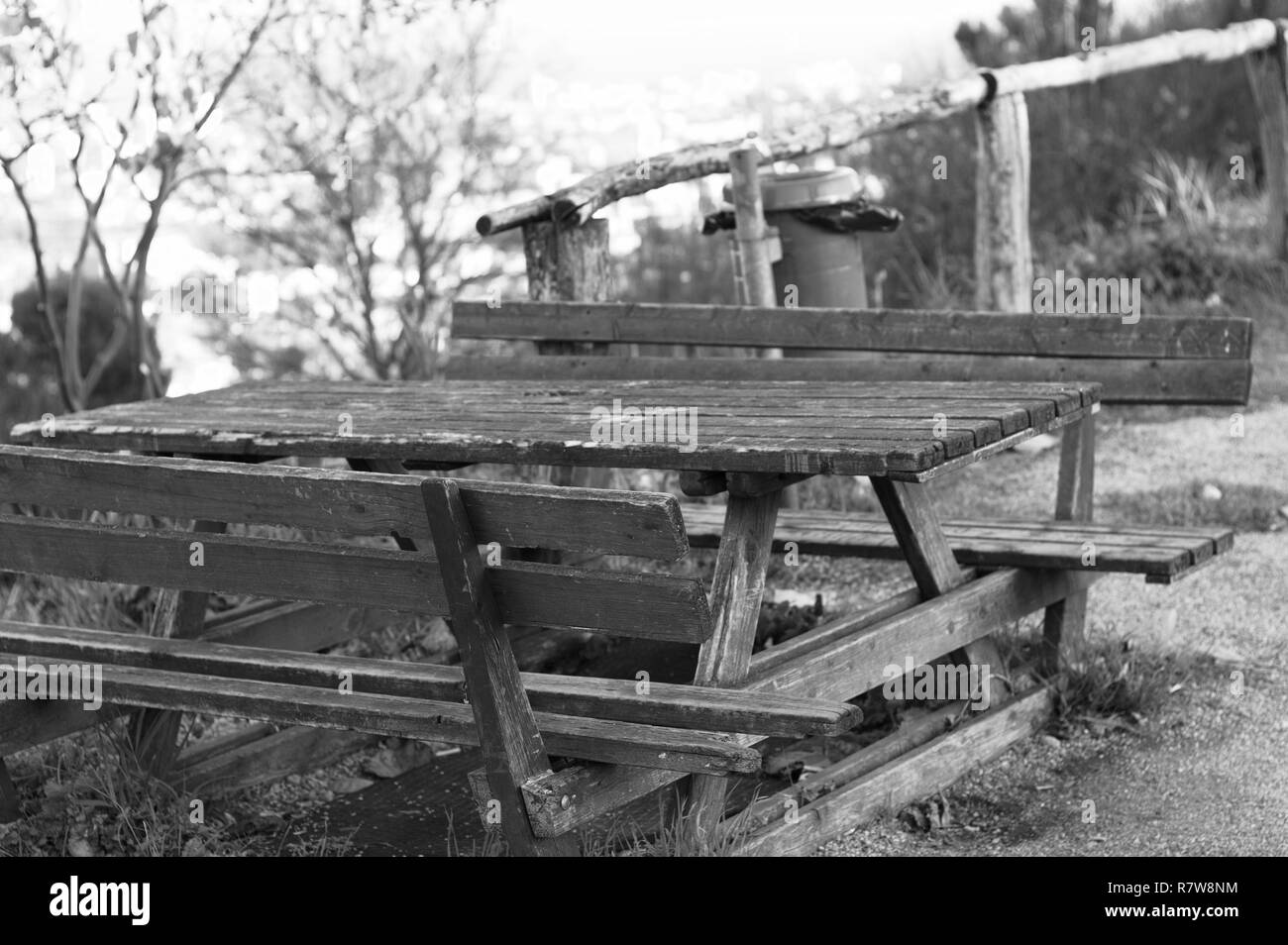 Wooden pic-nic table and bench (Pesaro, Italy) Stock Photo