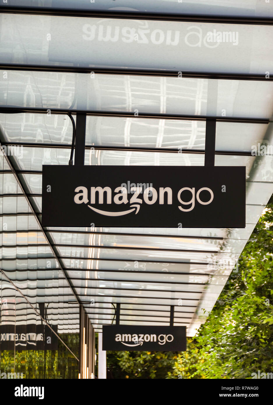 SEATTLE, WA, USA - JUNE 2018: Signs outside the Amazon Go store in Seattle city centre. Stock Photo