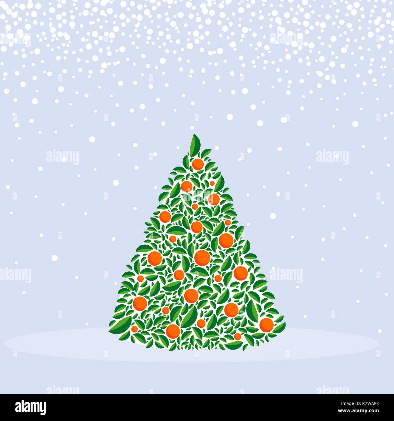 Vector christmas green tree with orange balls. Cartoon greeting card, festive poster or party invitations. Christmas and New year. Winter background w Stock Vector