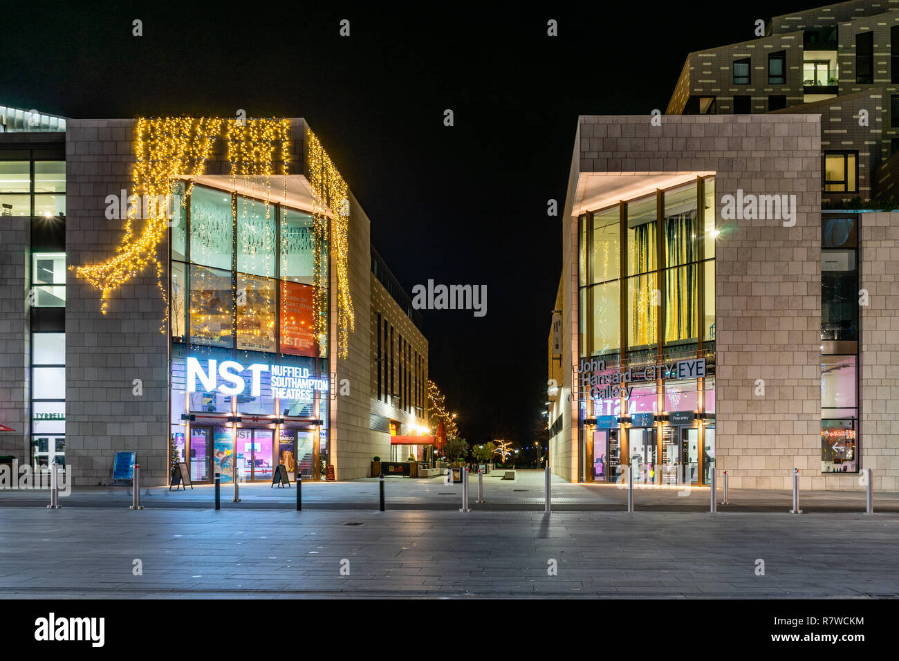 The cultural quarter at night in Guildhall Square with the John Hansard Gallery and the Nuffield Theatre (NST) in Southampton 2018, UK Stock Photo