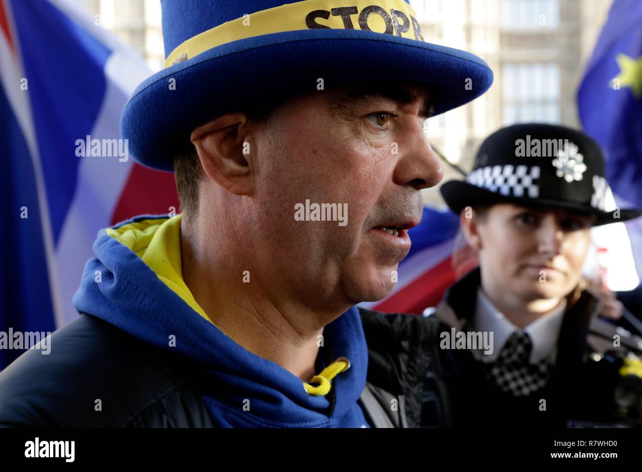 London, UK. Tuesday 11 December 2018 - Steve Bray attends Parliament Green daily to express his Pro Europe views.  Parliament Buildings in London - UK Credit: Iwala/Alamy Live News Stock Photo