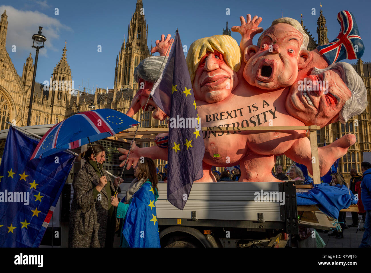 London, UK 11th December 2018: As Prime Minister Theresa May tours European capitals hoping to persuade foreign leaders to accept a new Brexit deal (following her cancellation of a Parliamentary vote), pro-EU Remainers protest with satirical figures of Theresa May, Boris Johnson, Michael Gove and David Davies, opposite the Houses of Parliament, on 11th December 2018, in London, England. Photo by Richard Baker / Alamy Live News Stock Photo