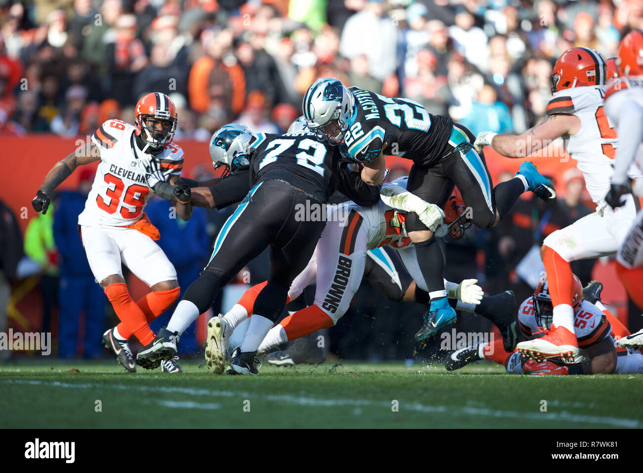 Cleveland, Ohio, USA. 9th Dec, 2018. Carolina Panthers tight end Ian Thomas  (80) tackled short of the goal line by Cleveland Browns cornerback Terrance  Mitchell (39) at the NFL football game between