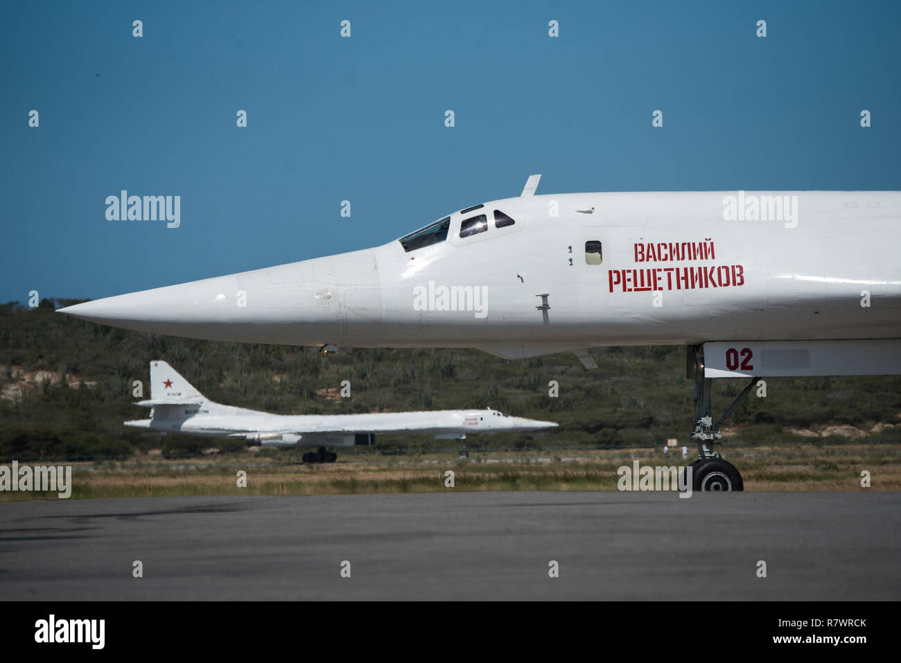 (181212) -- VARGAS, Dec. 12, 2018 (Xinhua) -- Photo taken on Dec. 10, 2018 shows a Tu-160 strategic bomber at the Simon Bolivar International Airport, in Maiquetia, Vargas State, Venezuela. Two Russian Tupolev Tu-160 strategic bombers have arrived in Venezuela, the Russian defense ministry said in a statement. According to Russian news report, Venezuelan Defense Minister Vladimir Padrino Lopez welcomed the Russian warplanes, saying that Venezuela is getting prepared to defend itself when needed and the country will do it with the friends who advocate respect-based relations between states. (Xi Stock Photo