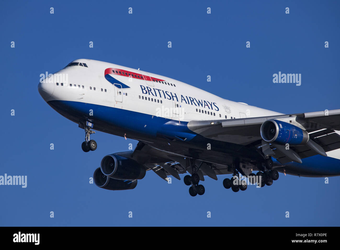 United Kingdom. 30th Nov, 2018. British Airways Boeing 747 Jumbo Jet seen  landing at the London Heathrow Airport LHR/EGLL in England.The aircraft is  a Boeing 747-400 with registration G-BYGB, it is equipped