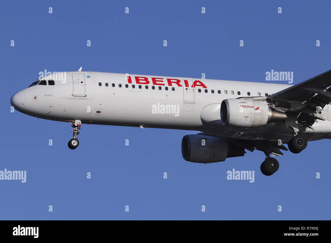 November 30, 2018 - United Kingdom - Iberia Airbus A321-200 airplane is  seen landing at the London Heathrow airport in England..The aircraft has  the name MÃ©rida with configuration of 200 economy seats,