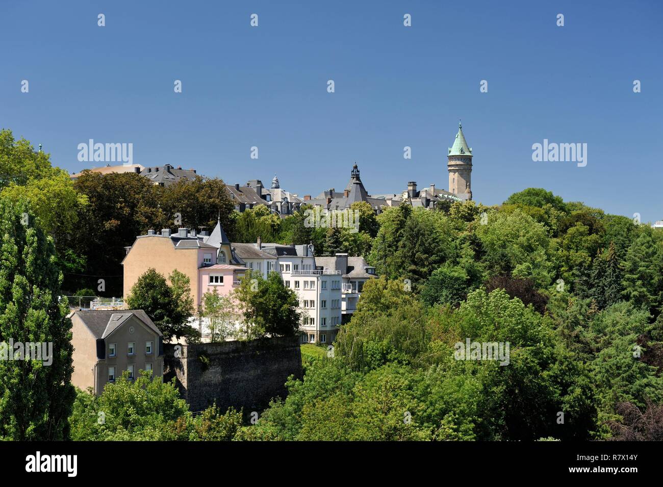 Luxembourg, Luxembourg city, view of the Petrusse valley and the tower of the Bank Museum building Stock Photo