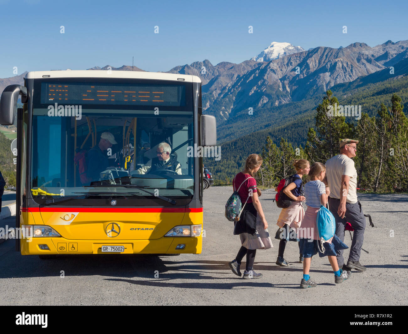 Postbus, Hiker at Ofenpass - Pas dal Fuorn,, Val Müstair-Münster Valley, Engadine, Grisons, Switzerland Stock Photo