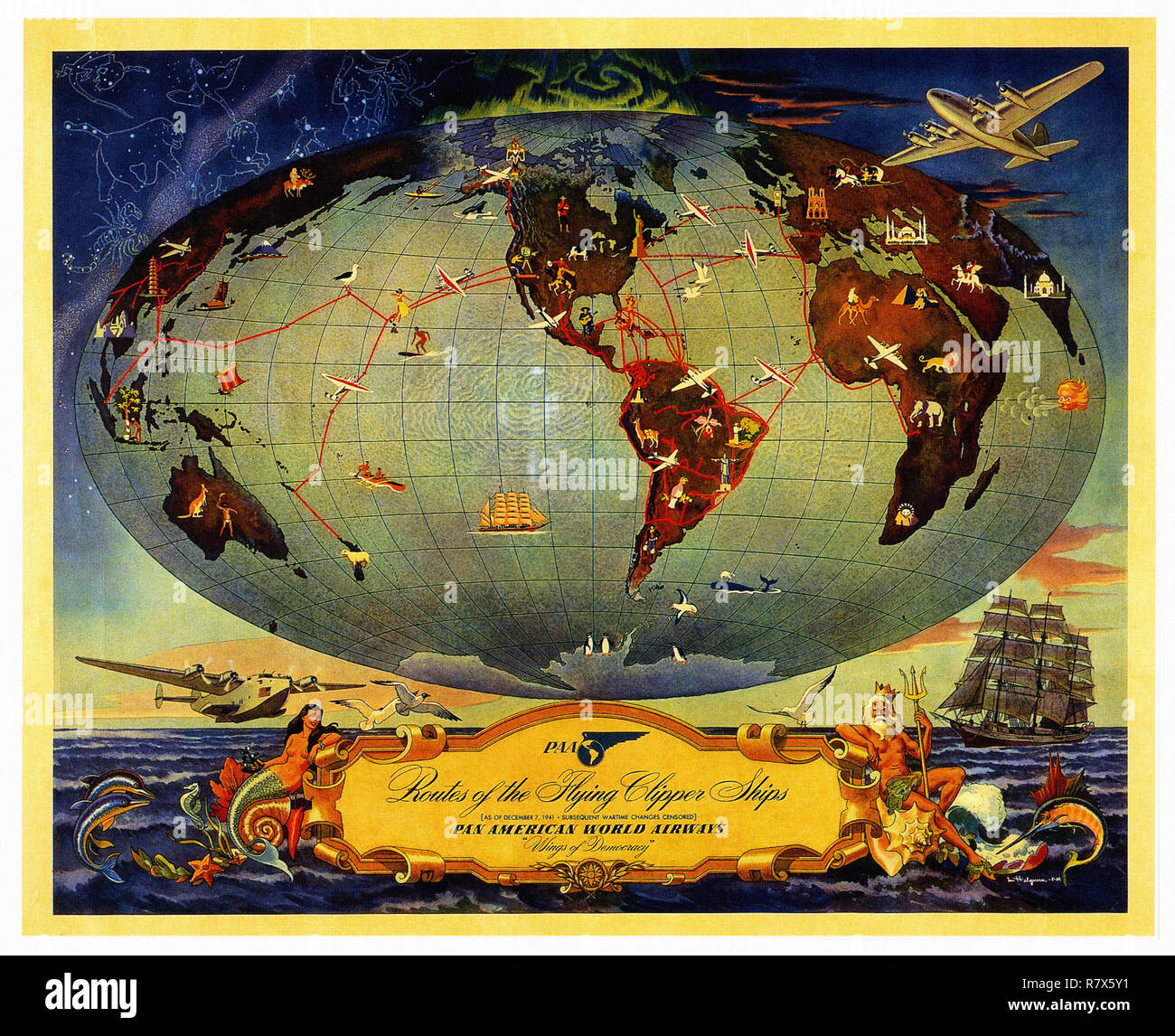 World Globe London Sydney Vintage Airline Travel Art Poster Print 