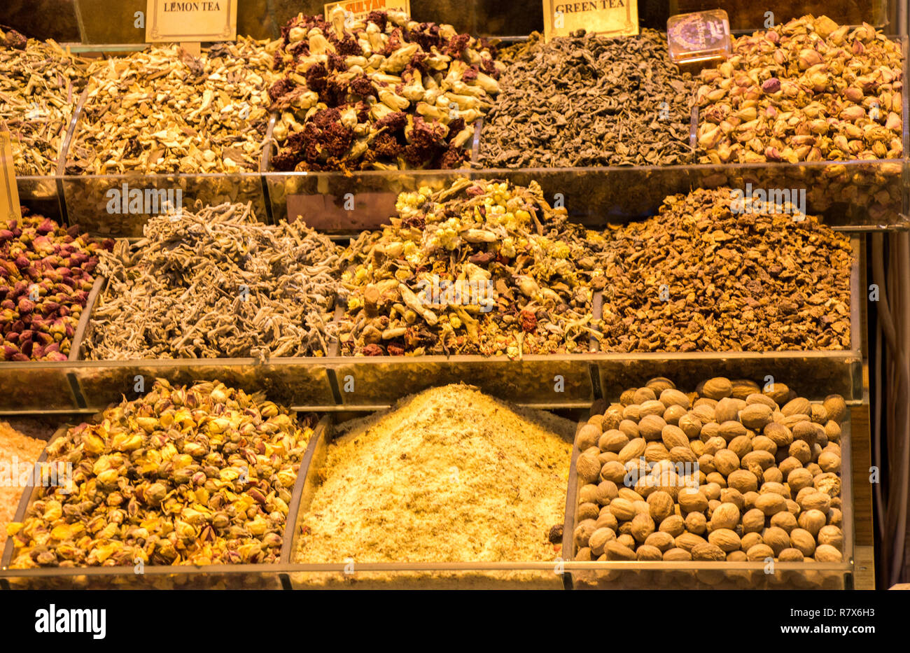 Various kinds of dried fruit teas on sale in Grand Bazaar Stock Photo
