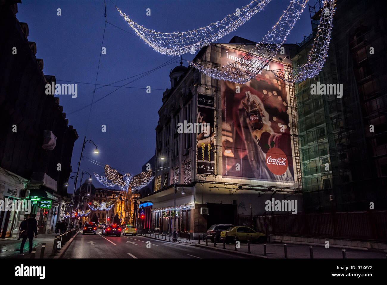 BUCHAREST, ROMANIA - DECEMBER 9, 2018. Bucharest nightlife in December with Christmas decorations in the center of the town, on Calea Victoriei Stock Photo